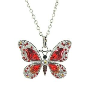 Large red butterfly pendant necklace in shiny red enamel and red crystals - NEW
